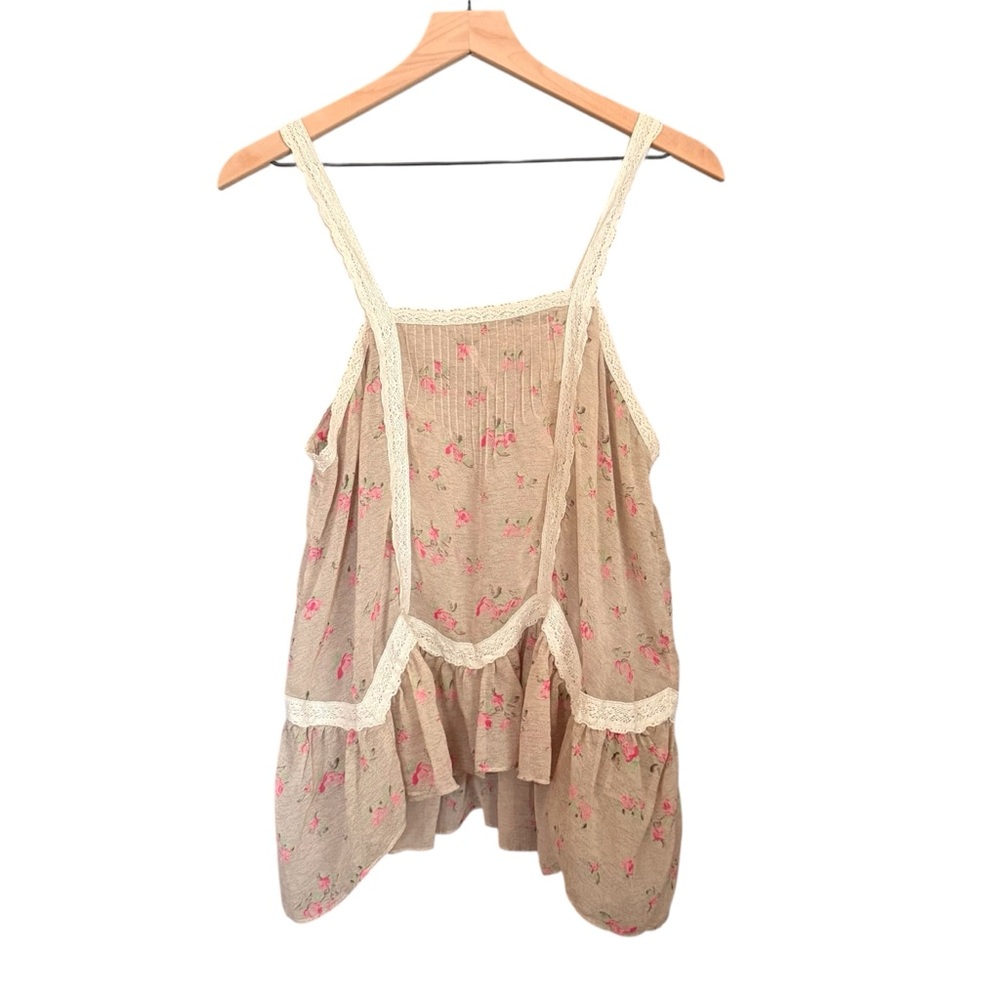 Free People Floral Beige Sleeveless Top with Lace Trim - Picture 5 of 6